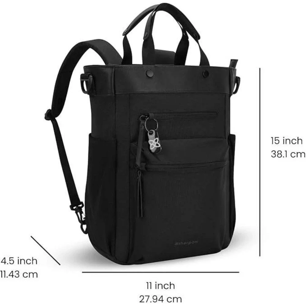 Sherpani Tote Backpack Convertible Black Nylon Leather Trim Versatile - Picture 8 of 14